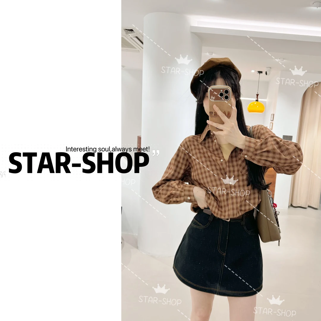 ｛STAR-SHOP｝秋季 小复古假两件格子衬衫