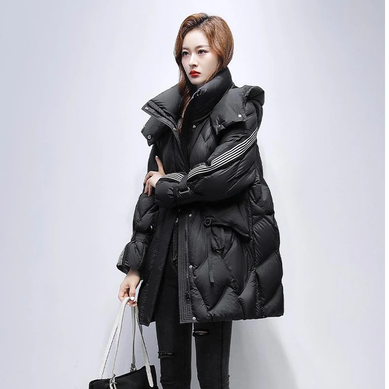 YAYA/鸭鸭羽绒服女士中长款2024冬季新款大口袋条纹连帽连帽外套