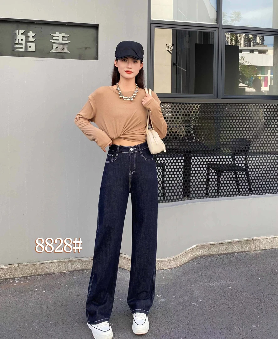 早秋新款牛仔裤女丹宁蓝窄版直筒舒适透气时尚百搭高腰显瘦长裤女