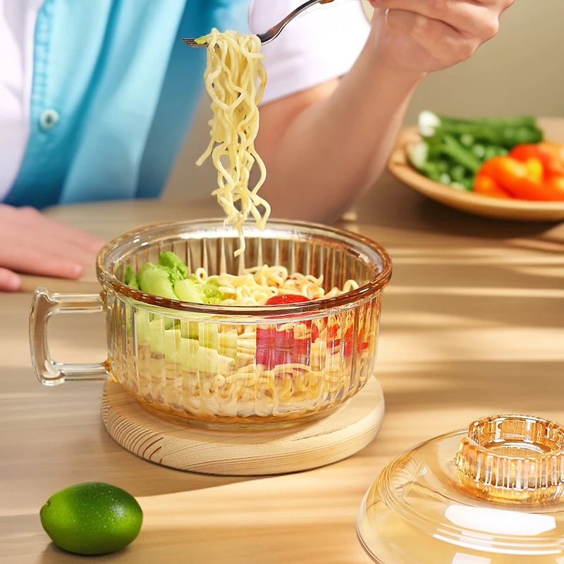 泡面碗带盖大碗家用耐高温手柄沙拉碗方便面碗个人专用汤碗玻璃碗