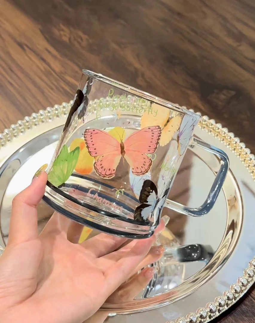 【小满家】ins蝴蝶杯高硼硅大容量玻璃杯果汁杯牛奶杯咖啡杯耐高温
