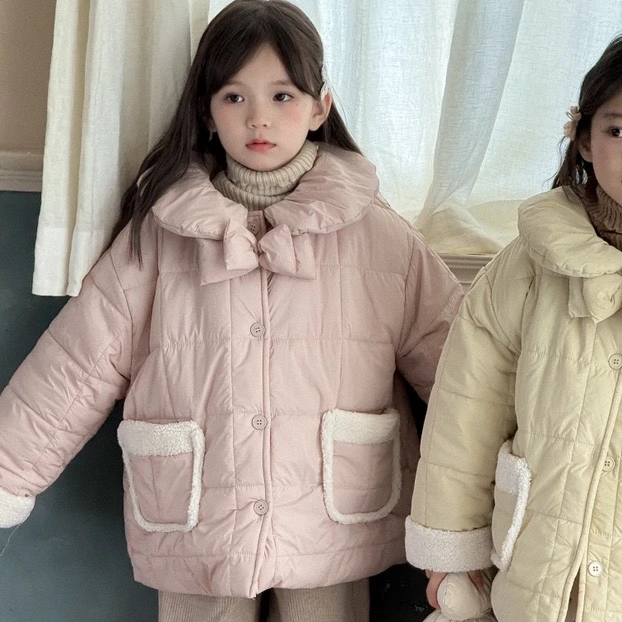 冬季女童翻领蝴蝶结内里羊羔绒棉服外套245553