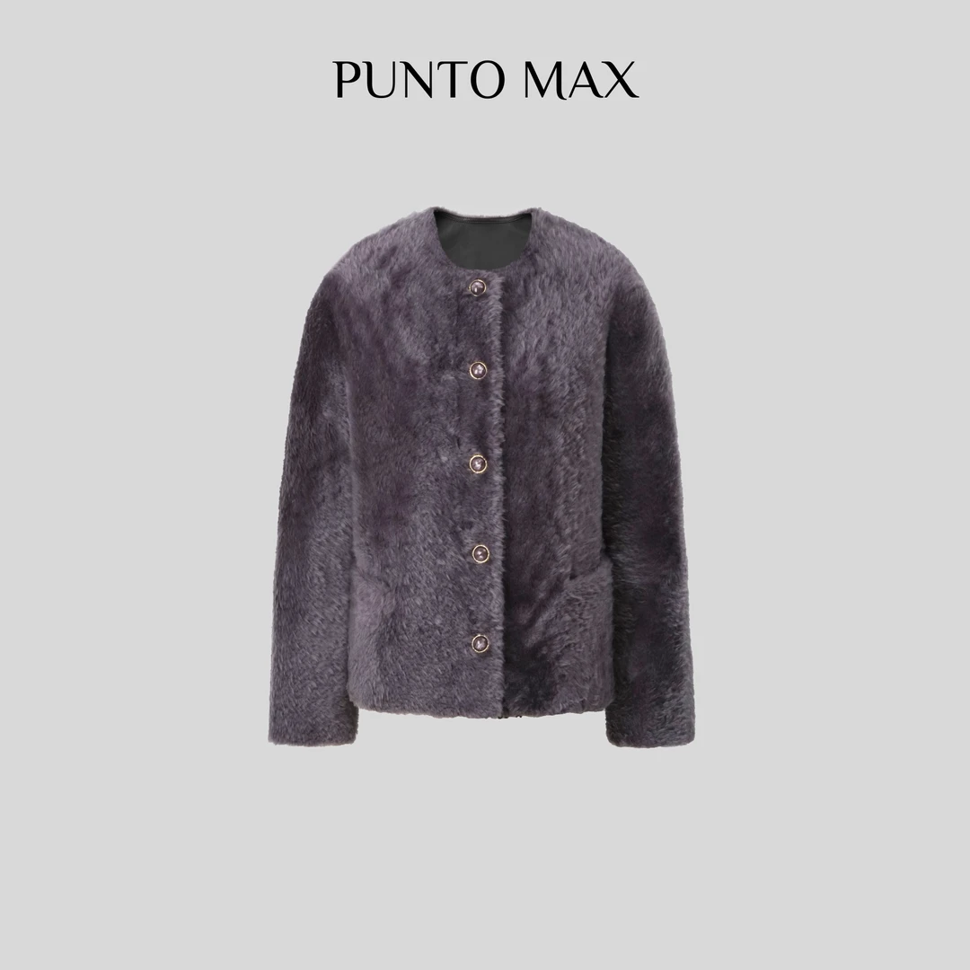 BARONY【82838-1】LACON拉贡时尚小香风简约紫色皮草外套真皮毛一体