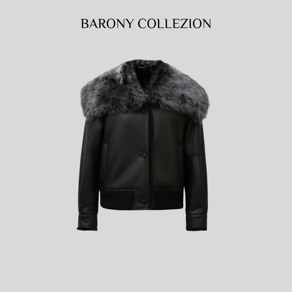 BARONY【射手座】82933 披肩领短款西班牙进口美利奴皮草真皮毛一体