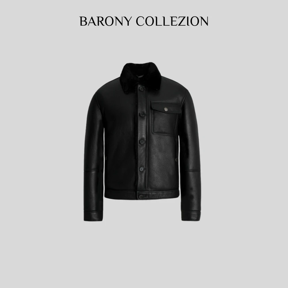 ‘BARONY’【81119】男士简约休闲皮毛一体外套男款百搭真皮保暖