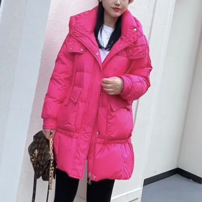2024年冬季新款韩版火龙果色90白鸭绒中长款羽绒服时尚百搭46#