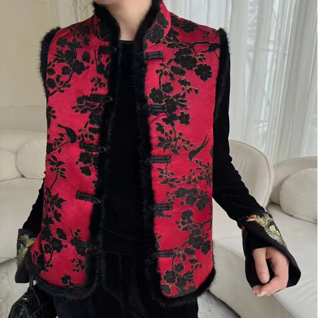 【新年战袍】新中式国风红梅刺绣漳缎水貂毛加棉过年红色喜庆马甲