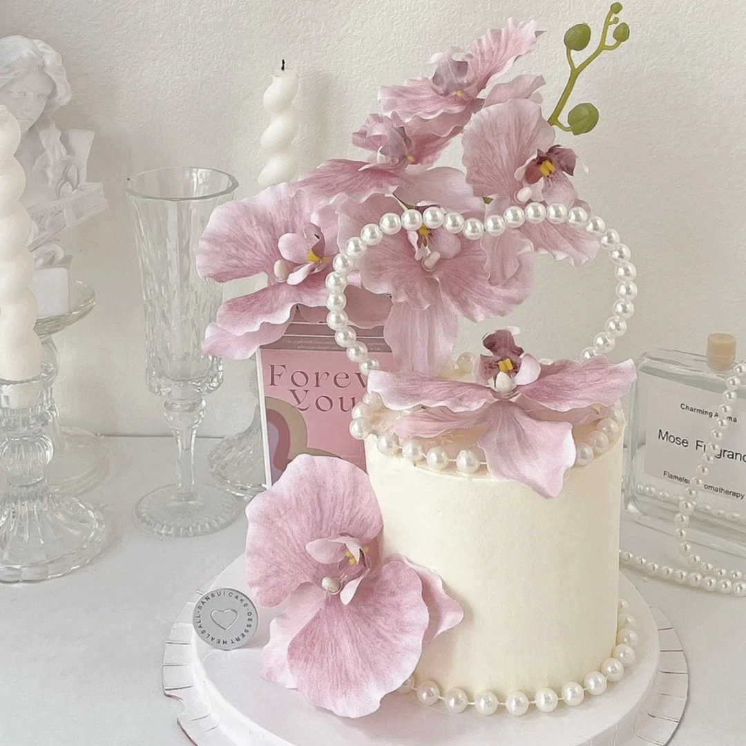 母亲节蛋糕装饰摆件仿真蝴蝶兰花枝珍珠爱心妈妈生日蛋糕插排插件
