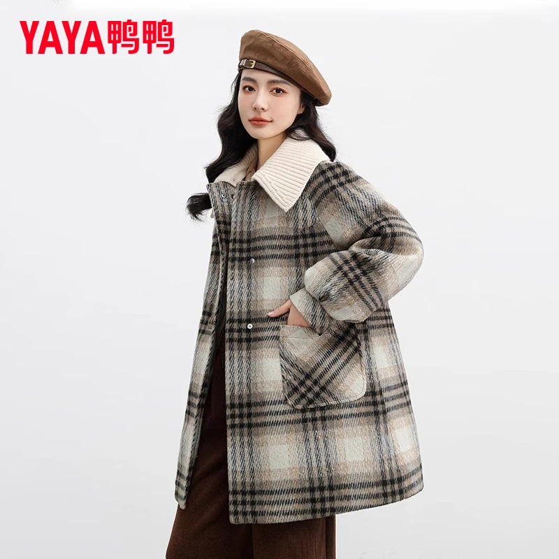 YAYA/鸭鸭羽绒服女中长款时尚百搭拼色格针织翻领外套YE3B633166A
