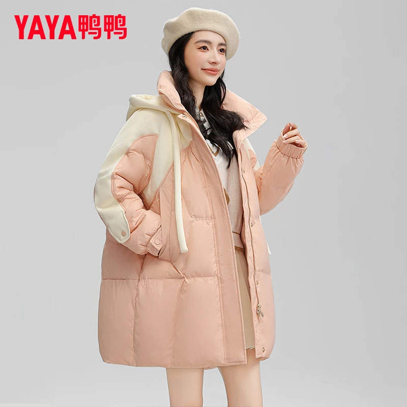 YAYA/鸭鸭羽绒服女中长款舒适轻盈设计感撞色连帽外套YE3B601451D