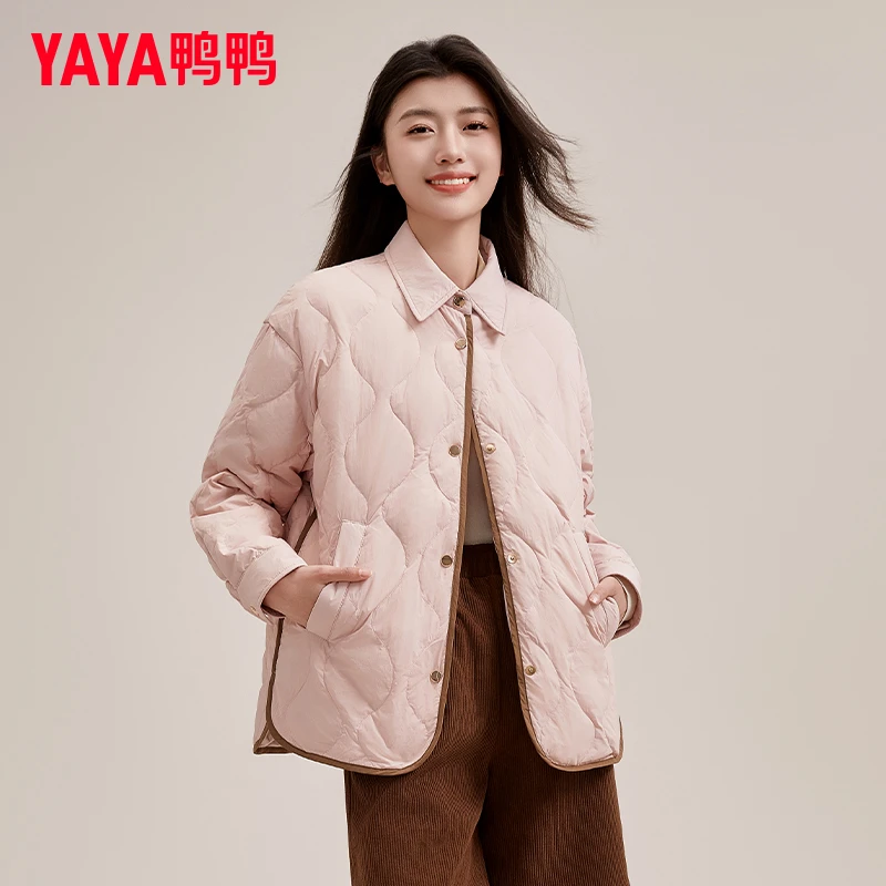 YAYA/鸭鸭好羽绒女短款春季韩版休闲翻领菱格轻薄衬衫YE4B602175H