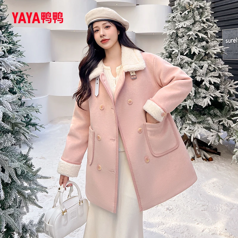 YAYA/鸭鸭羽绒服女中长款小香风糕羔绒翻领韩版甜美风YE3B632683W