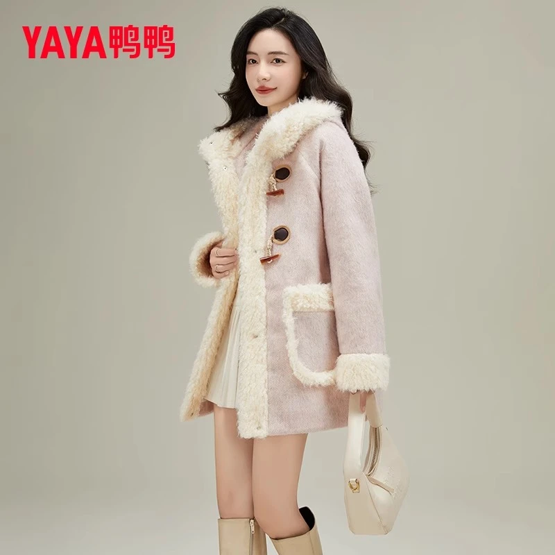 YAYA/鸭鸭羽绒服女中长款秋冬羔羔绒大衣休闲保暖外套YE4B616935H
