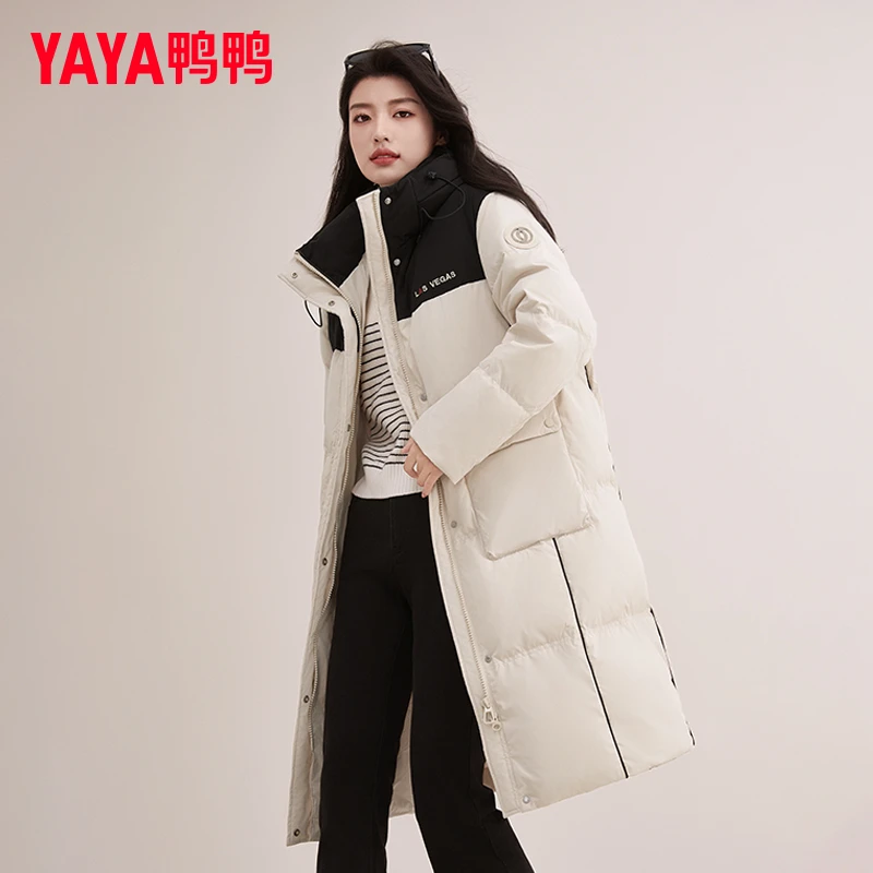YAYA/鸭鸭羽绒服女长款冬季撞色拼接时尚百搭保暖外套YE4B606345H