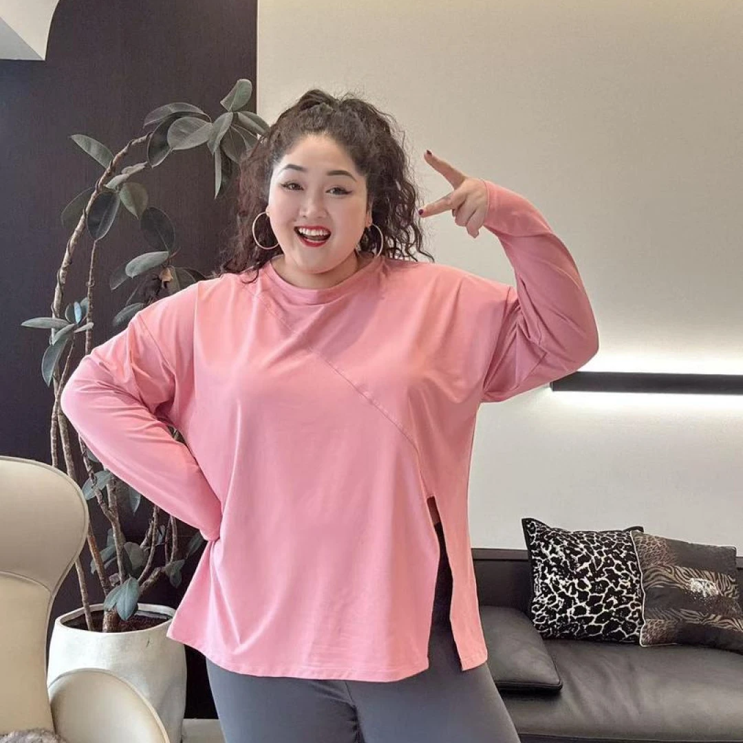 大码秋冬侧开叉宽松圆领速干女士瑜伽运动长袖SY-61