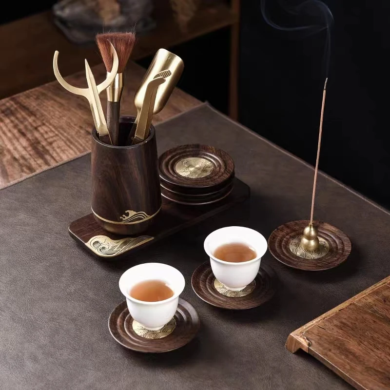 豪华纯铜茶道六君子杯垫全套黑檀木茶夹茶勺茶刀功夫茶具轻奢配件