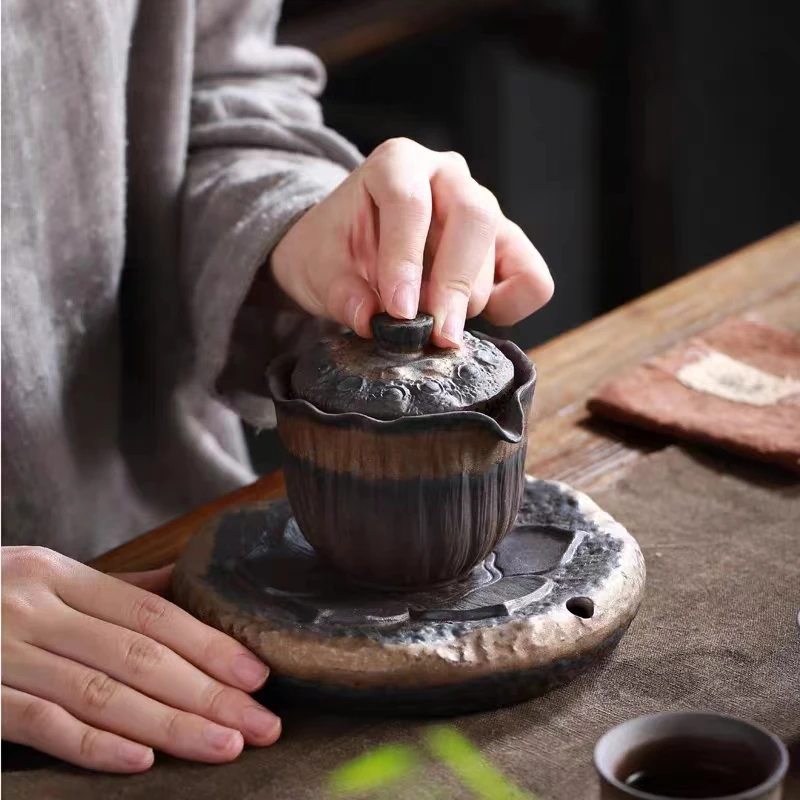 侘寂风手抓壶复古粗陶茶壶家用陶瓷单壶创意泡茶功夫茶具铁釉壶承