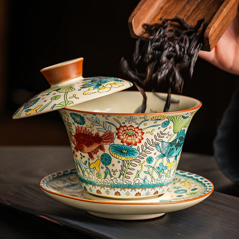 汝窑开片悬停防烫家用陶瓷悬停盖碗三才泡茶杯带盖子可旋转茶碗杯