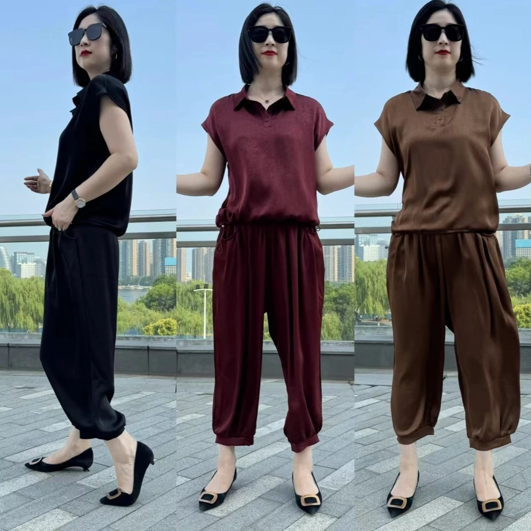 夏季高档时尚气质显瘦纯色暗花套装上衣+裤子