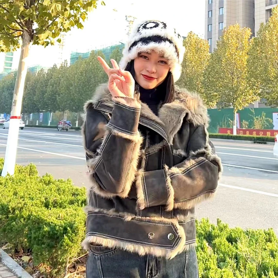 气质爆款2023新款羊羔毛衣领雪兔皮毛一体轻奢外套时尚机车服短款