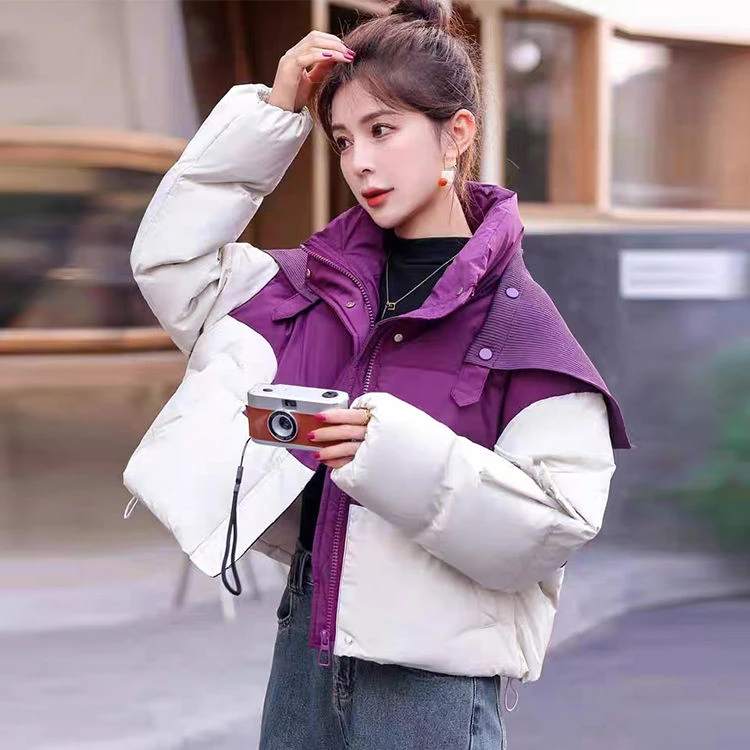 保暖白鸭绒羽绒服女2023冬季新款拼色针织小个子连帽宽松加厚外套