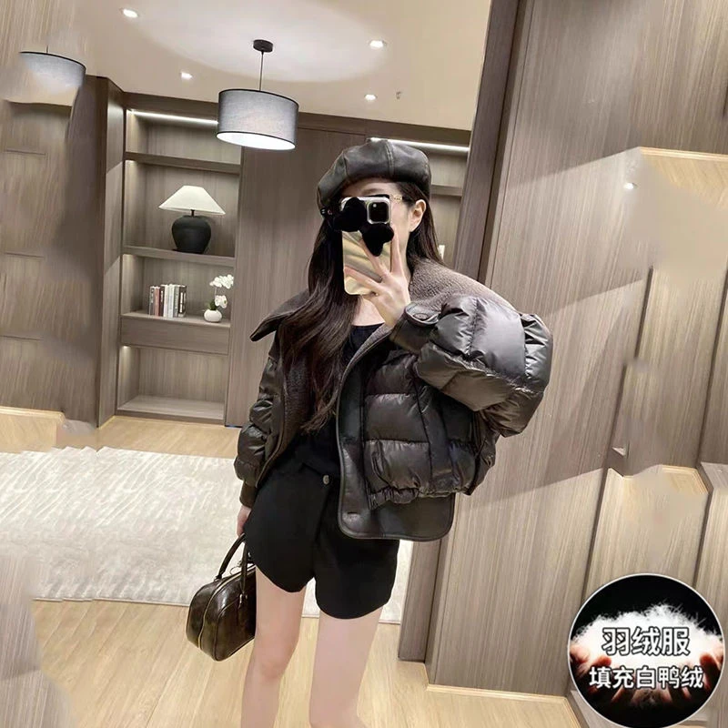 大翻领短款羽绒服女2023冬季新款时尚韩版白鸭绒加厚面包服外套潮