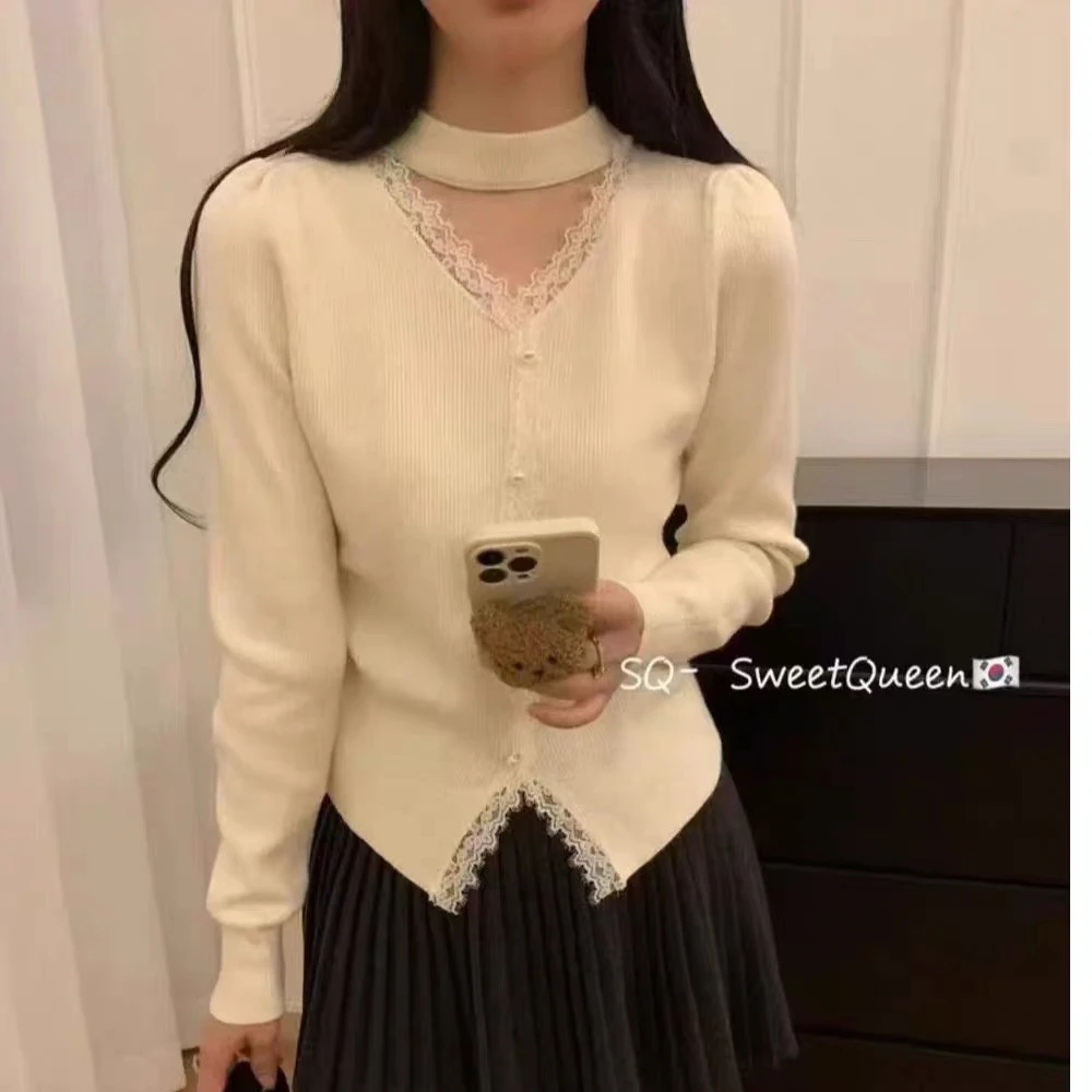 【三顺服饰】｛挂脖亮丝｝蕾丝拼接毛衣