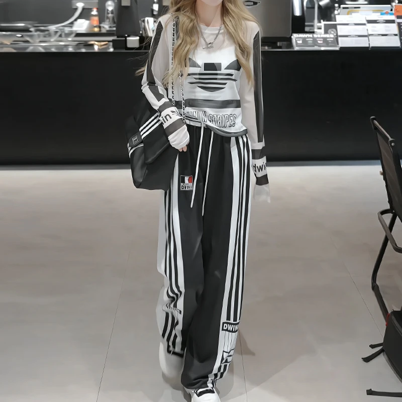 春夏季潮流时尚宽松舒适松紧腰带抽绳束脚休闲长裤女IN1014