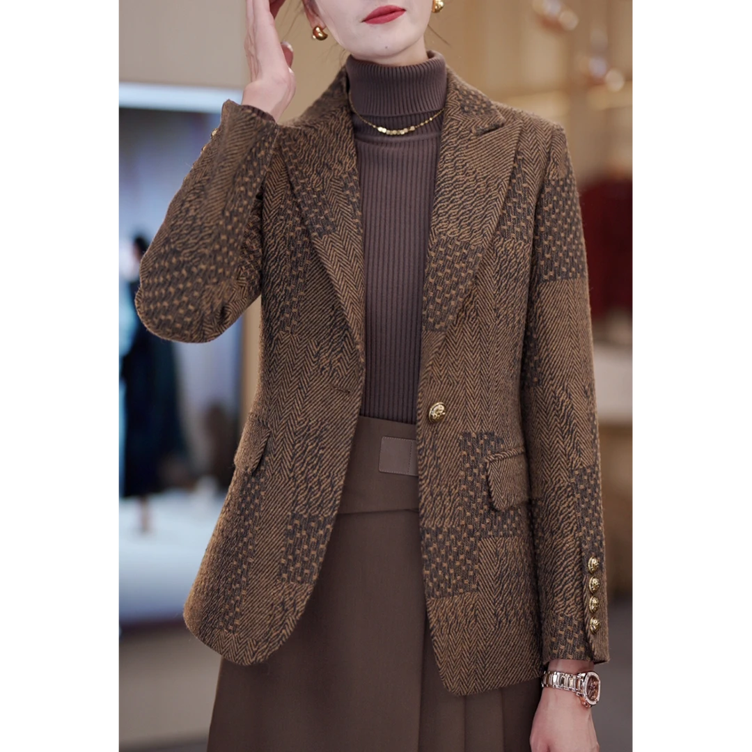 毛呢西装外套女中长款时尚气质复古高级感西服大衣呢子VS8523-1