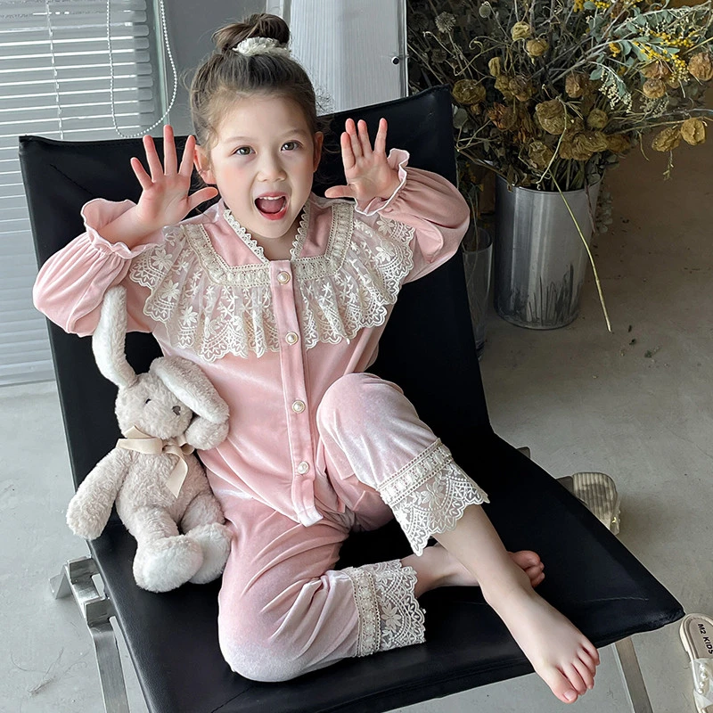 女童家居服海岛绒蕾丝儿童加厚款中大童秋冬款亲子睡衣套装2021