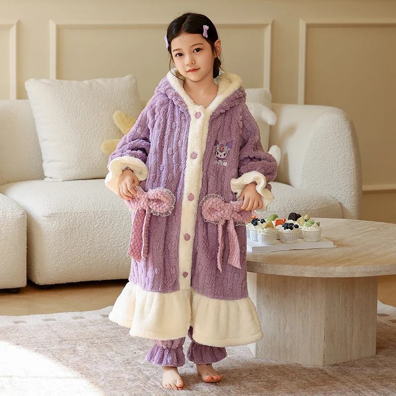女童睡衣冬季法兰绒睡袍中大童加厚儿童中长款家居服套装2264