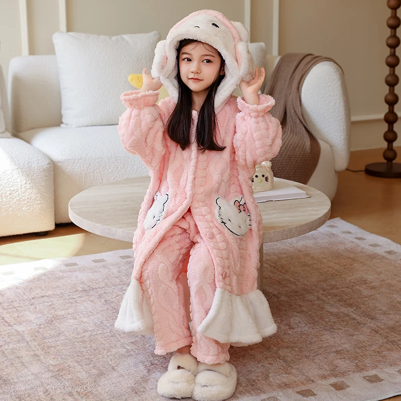 儿童睡袍珊瑚绒加厚可爱卡通法兰绒睡衣中大童家居服套装2258