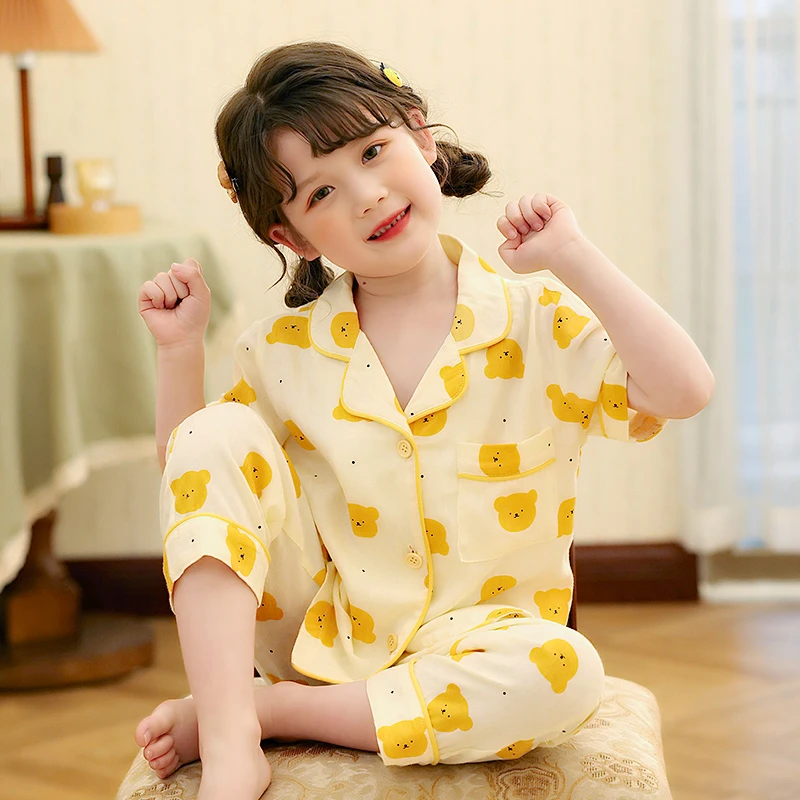 【小熊派对】儿童睡衣夏季薄款短袖开衫中大童家居服女童
