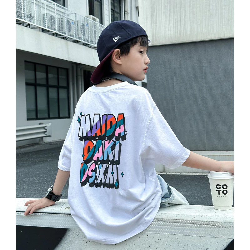 2024炸街潮牌男童装6-12岁潮款吸湿排汗韩版棉质圆领中袖T恤衫夏