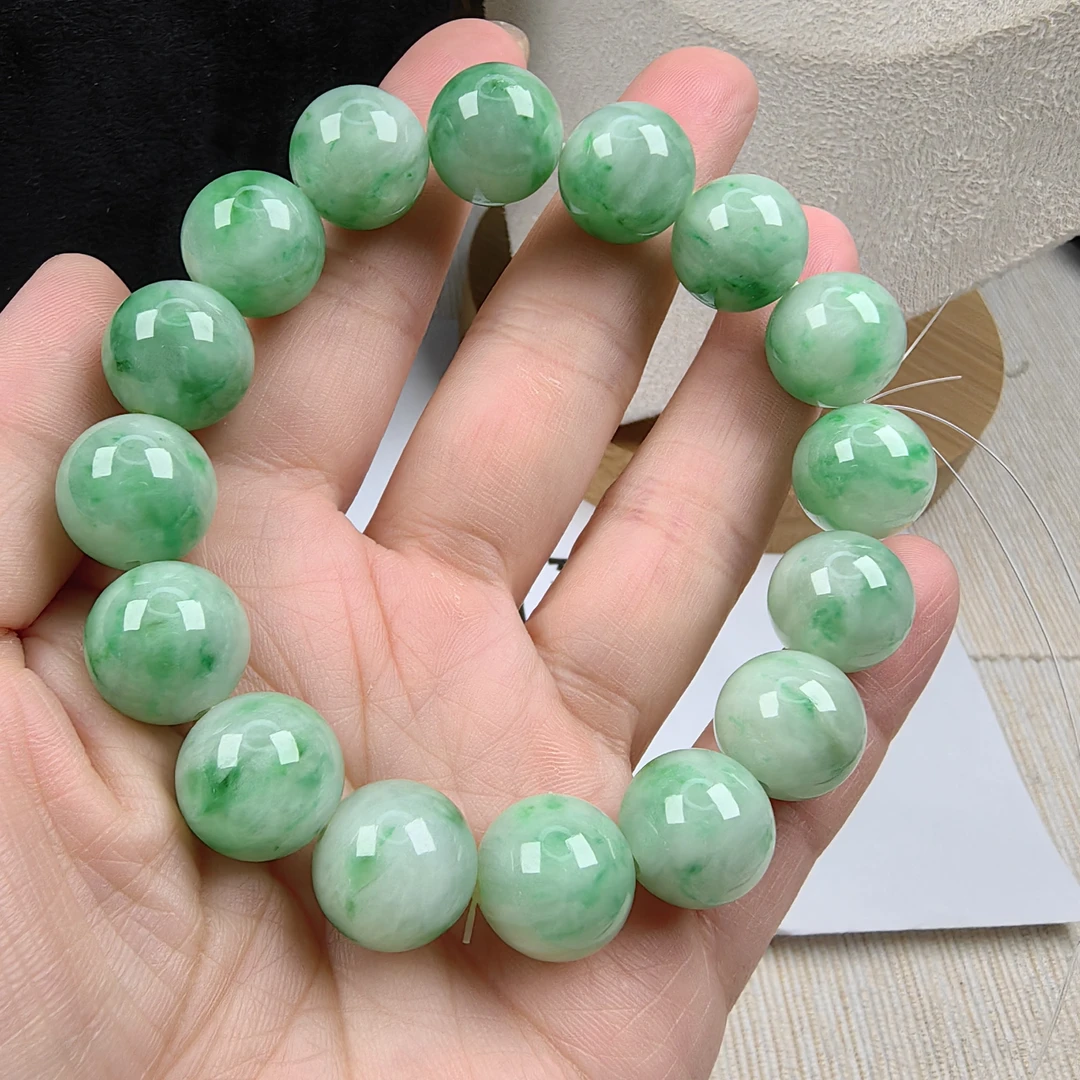 34161331天然翡翠冰种阳绿冰绿大珠串手串精美单圈