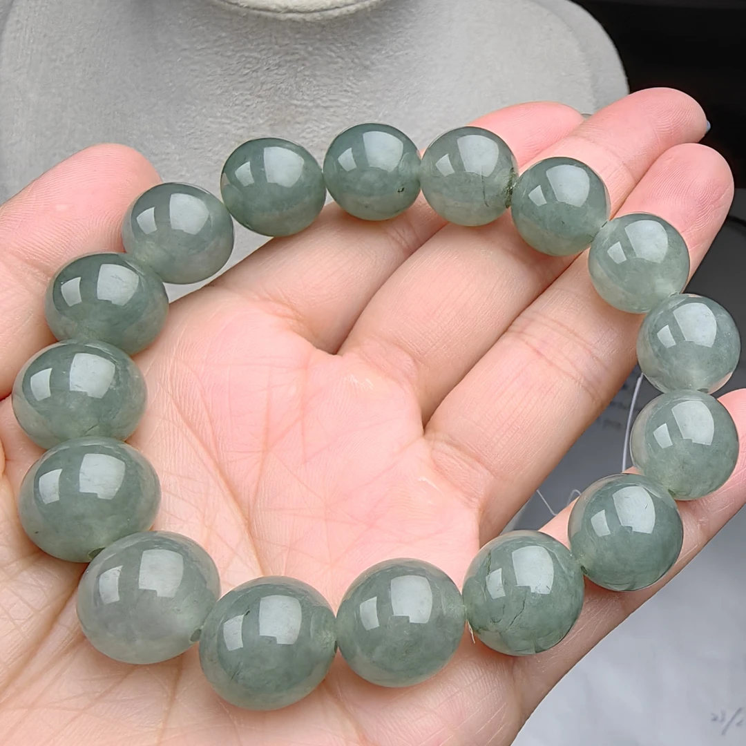 19/2 A3-1天然翡翠高冰带色飘绿花大珠串单圈精美手串