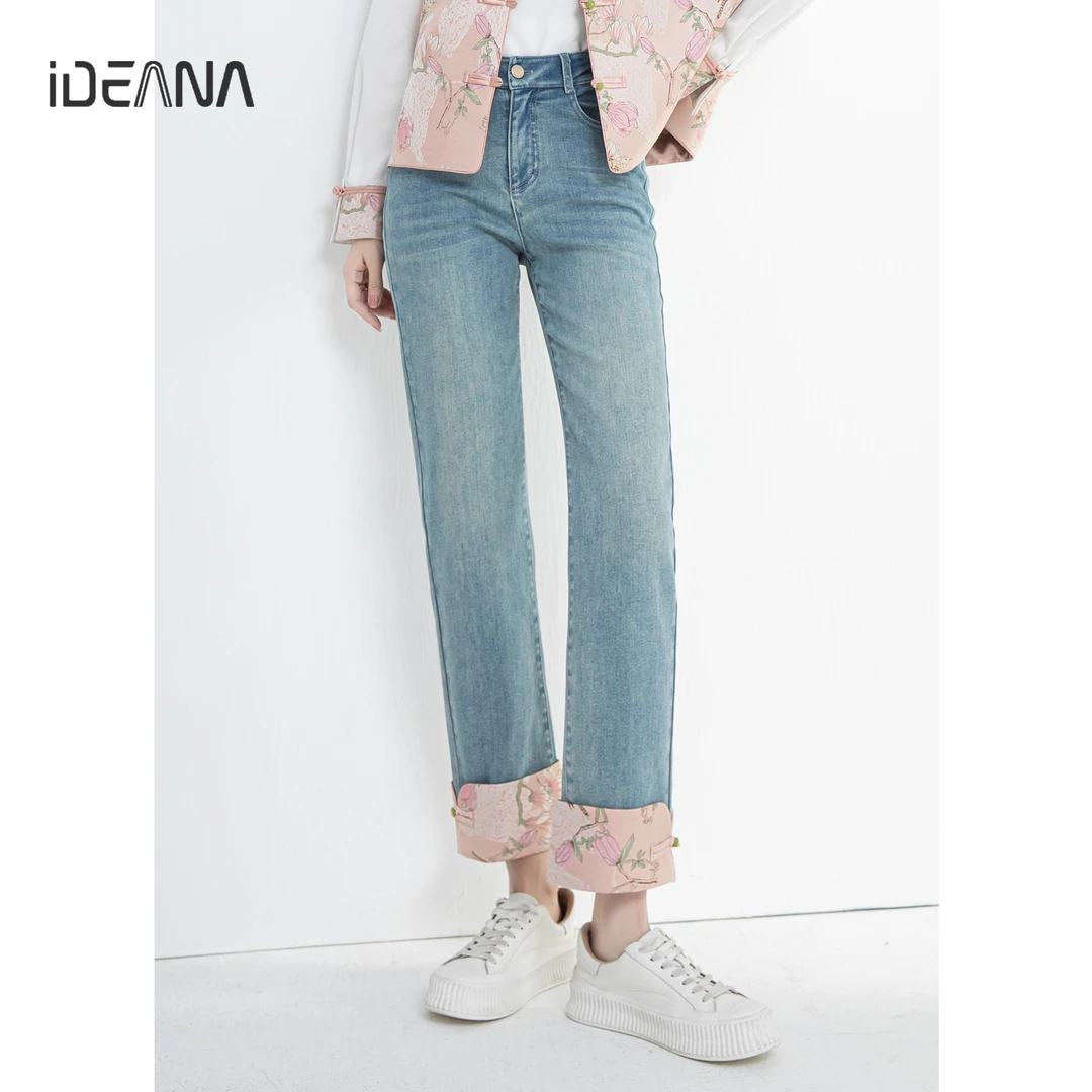 新中式翻边直筒牛仔裤女2024春夏新款高腰显瘦九分裤国潮烟管裤子