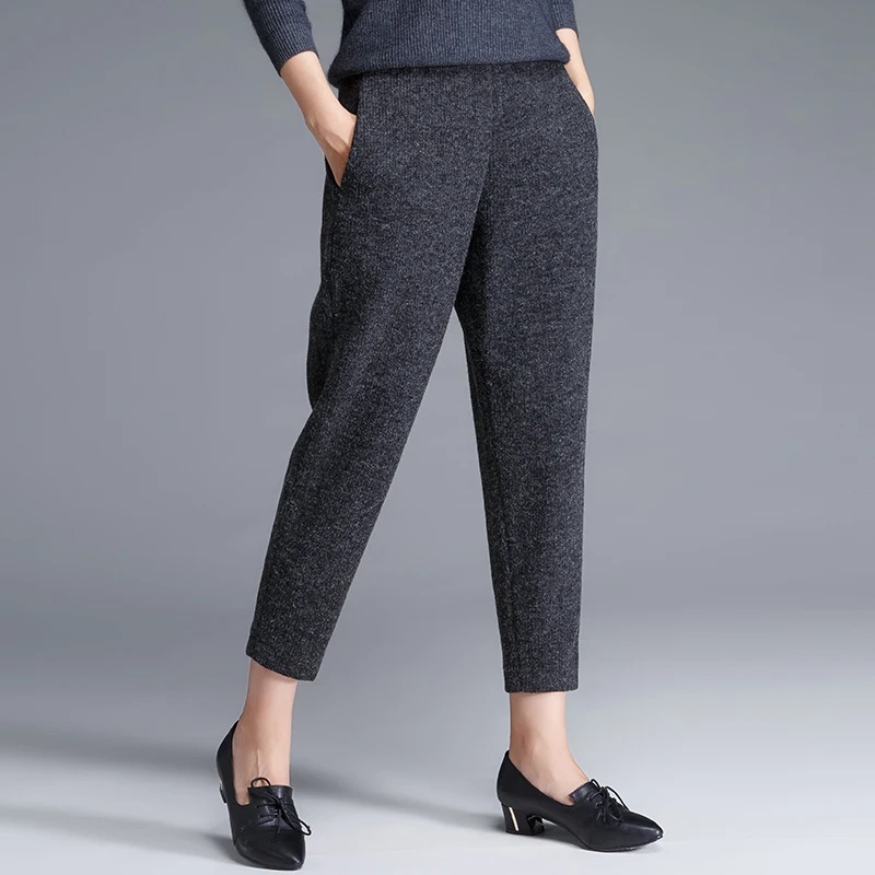 秋冬2025新款加绒萝卜裤女九分裤针织女裤哈伦奶奶毛呢裤大码裤子