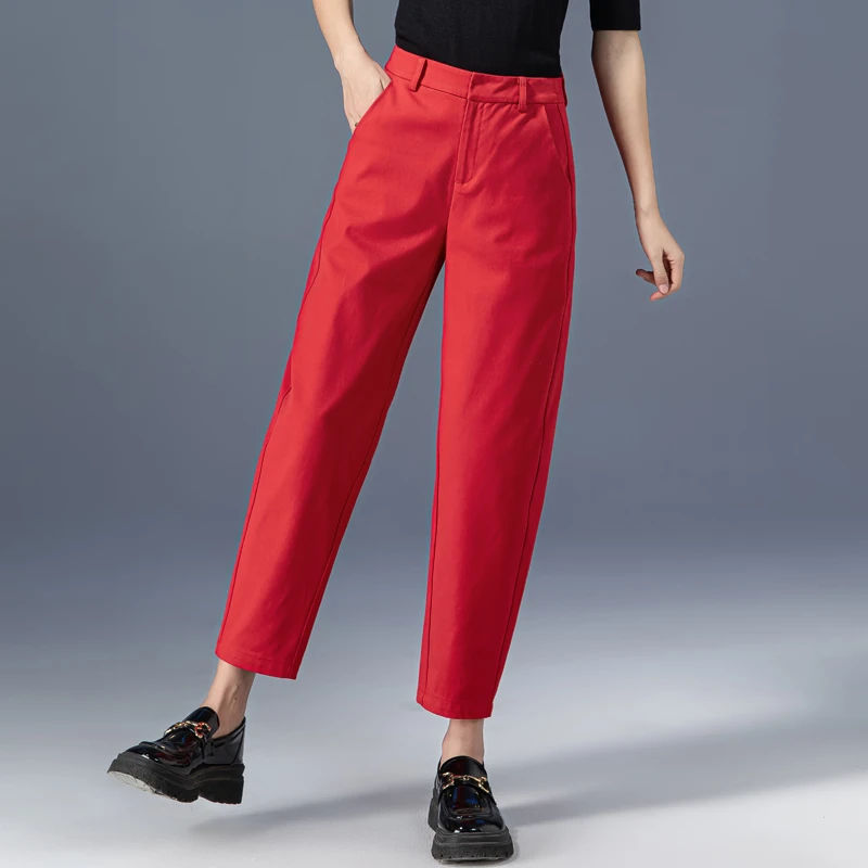 红色裤子女春秋爆款2025新款小个子九分裤显瘦萝卜裤休闲裤哈伦裤