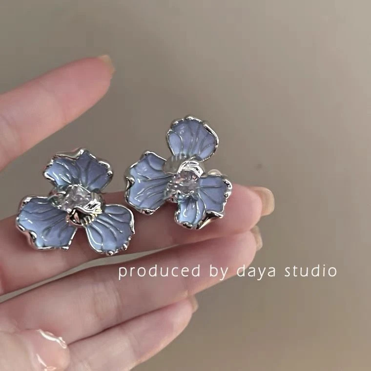 水氲鸢尾蓝 高级感法式复古滴油花朵耳环轻奢小众设计ins耳钉