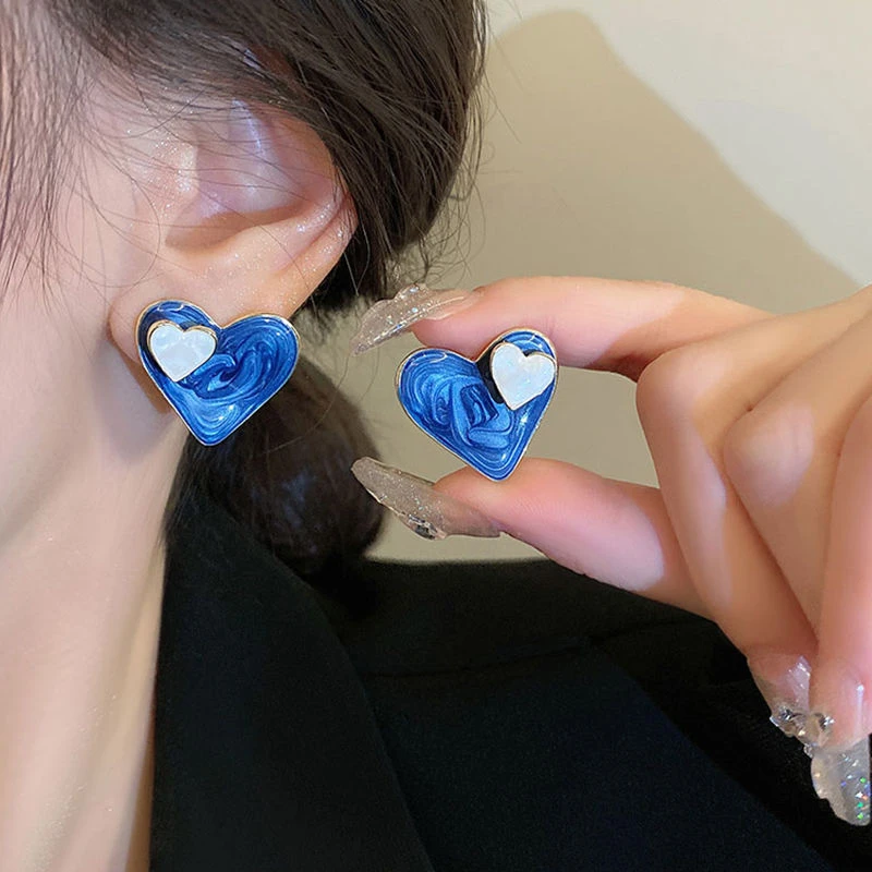 蓝色复古滴釉耳钉2023新款女星空高级感耳环夏季小众设计耳饰