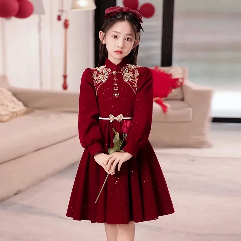 女童红色连衣裙秋冬新款中大童过年礼服裙小女孩新年服时尚公主裙