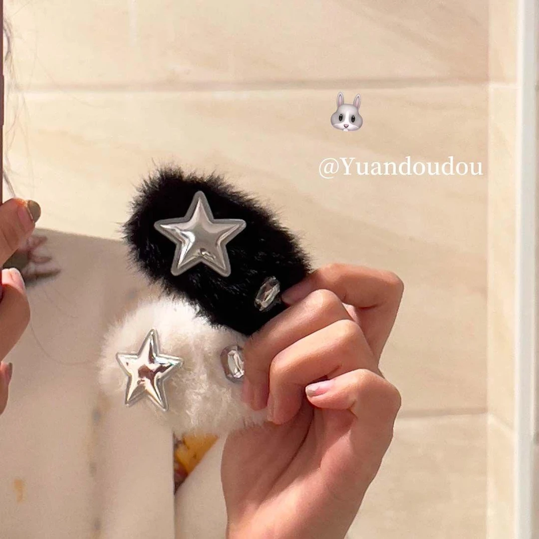 韩系款秋冬毛茸茸金属女孩星星BB夹少女仿兔毛五角星边夹可爱发饰