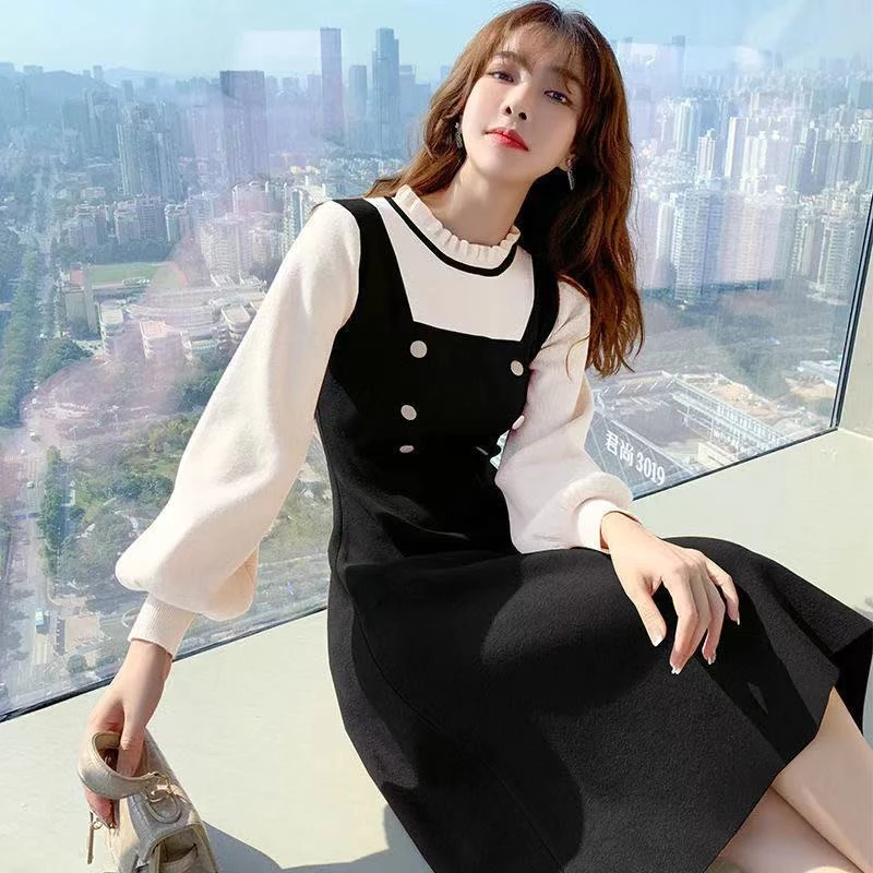 假两件针织连衣裙女秋冬新款小个子法式气质减龄修身中长款毛衣裙