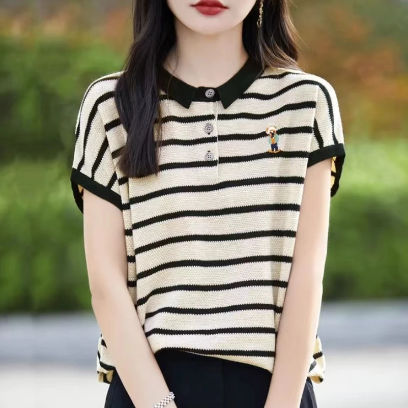 POLO领条纹女士女款短袖t恤新款爆夏季冰丝针织上衣大码女装减龄