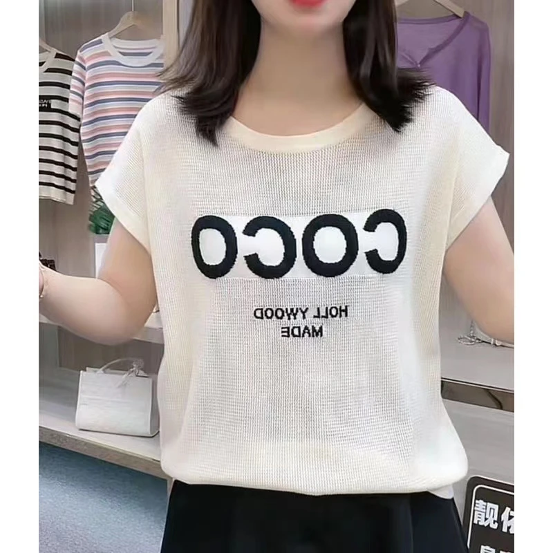 宽松显瘦【80-170斤】圆领提花冰丝短袖T恤女夏季洋气遮肚上衣薄