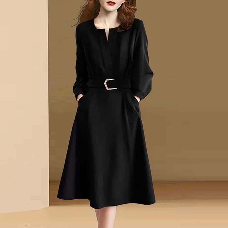 广州十三行爆款黑色中长款连衣裙女2024春秋款高级感大码显瘦裙子