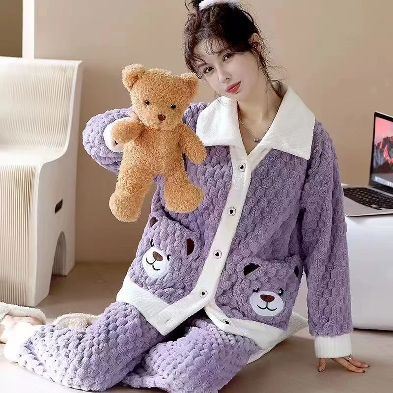 【拉拉专属】A008紫色小熊珊瑚绒网红公主风冬季外穿甜美家居服套装