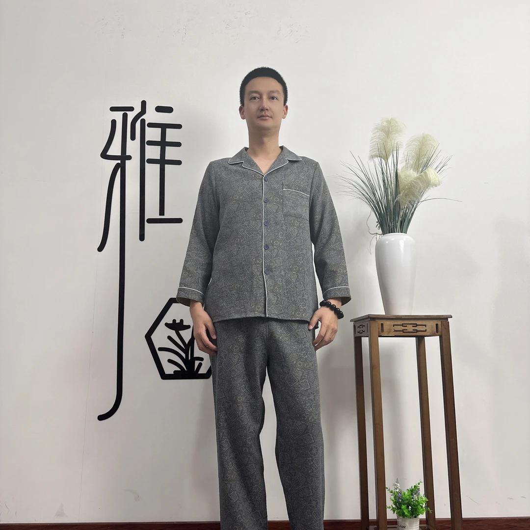 男士爆款经典绅士版纯棉大提花双层纱四季款家居服睡衣套装11215