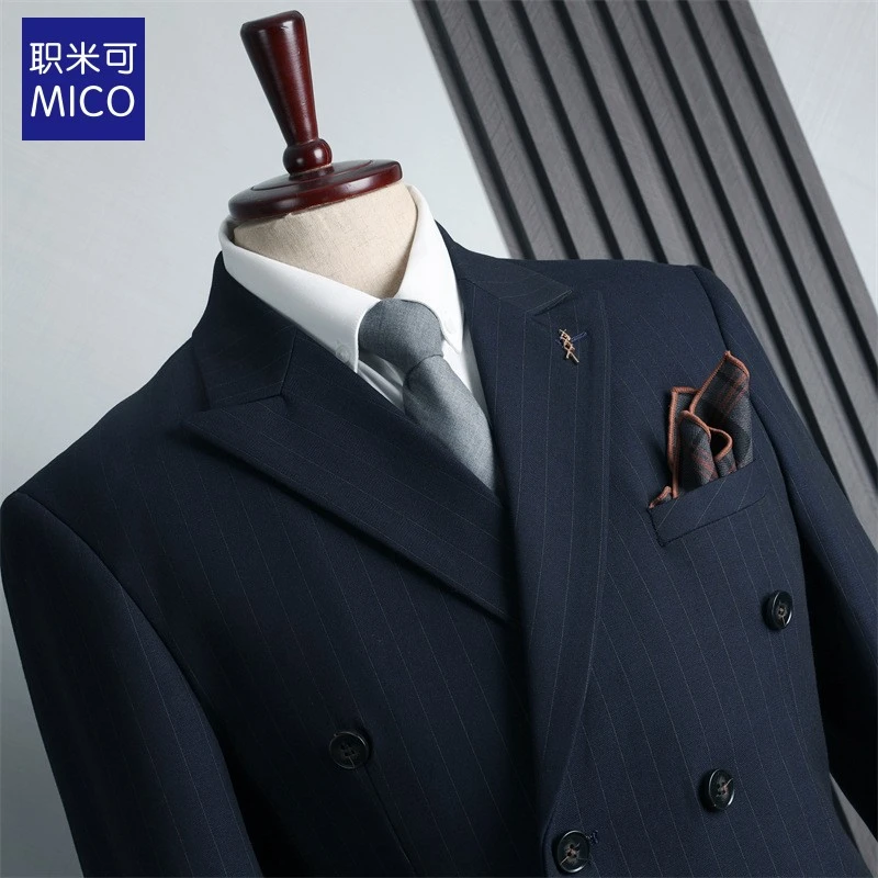 蓝色双排扣西服套装男款正装英伦时尚婚礼伴郎服商务休闲西装男装
